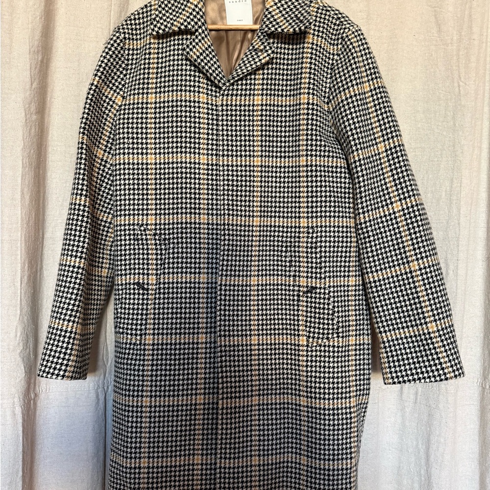 Sandro Houndstooth Coat in Black and Cream